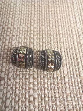 Signed Judith Jack Marcasite Sterling Silver Pierced Earrings Half Hoop Huggie